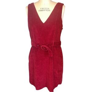 American Eagle Outfitters Deep Red Corduroy Jumper Dress Large Belted Pockets